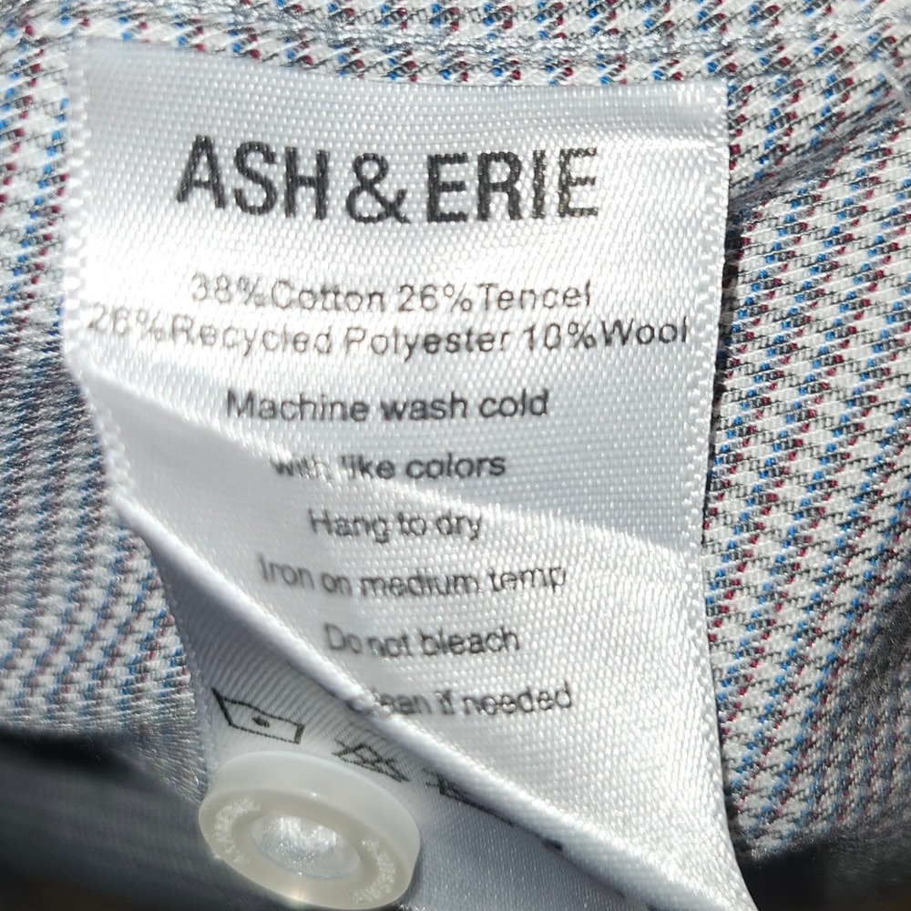 Ash & Erie Mens Lg Slim Fit Micro Check Button Down Shirt Grey Blue Wool Blend - Picture 7 of 8